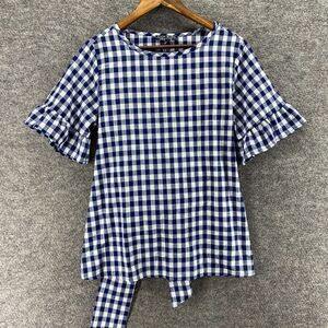 Shop Basic Blouse Women M Medium Blue Plaid Short Sleeve Belted Crew Neck Cotton